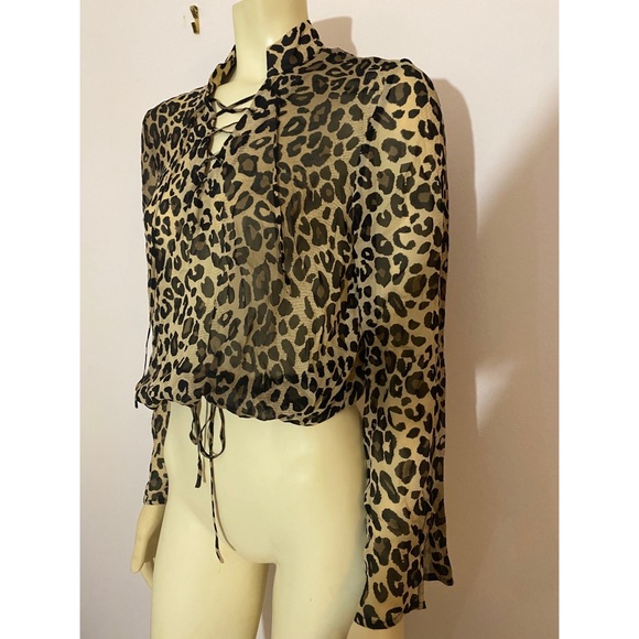 Silk Leopard Print Lace Up Blouse - Picture 1 of 4